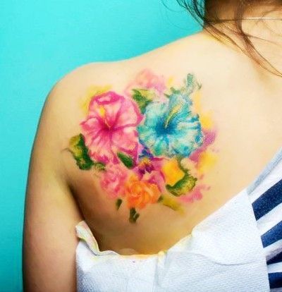 Watercolor tattoo - upper back morning glory flower watercolor tattoo