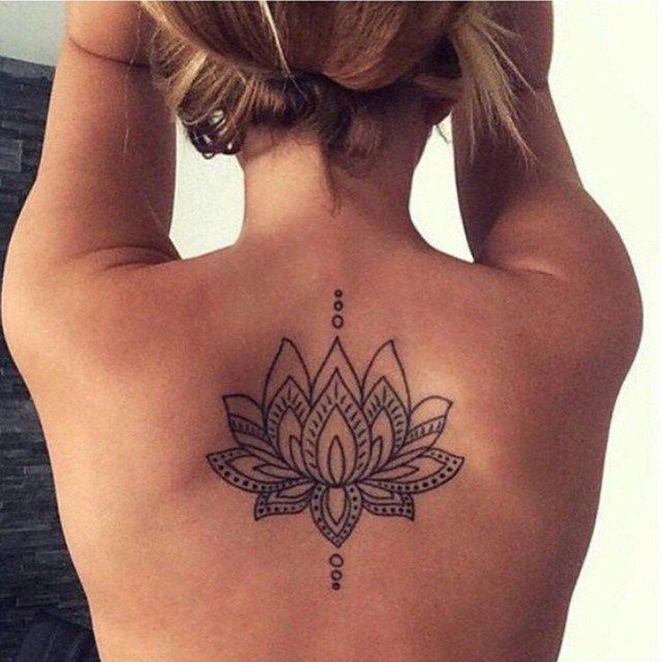 Geometric Tattoo - Lotus Floral Flower Upper Back Spine Tattoo Ideas