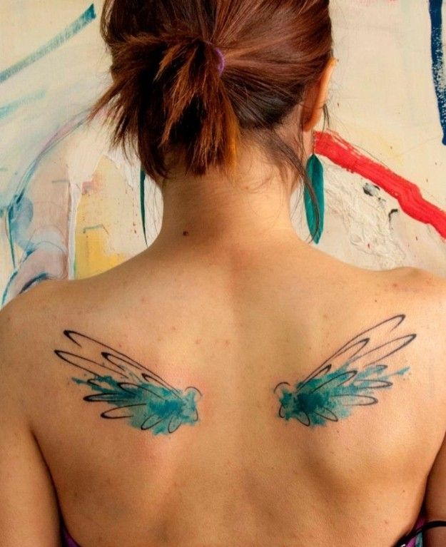 Watercolor tattoo - Abstract wings watercolor tattoo on upper back for