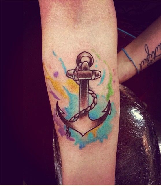 Watercolor tattoo - awesome watercolor style anchor tattoo on forearm ...