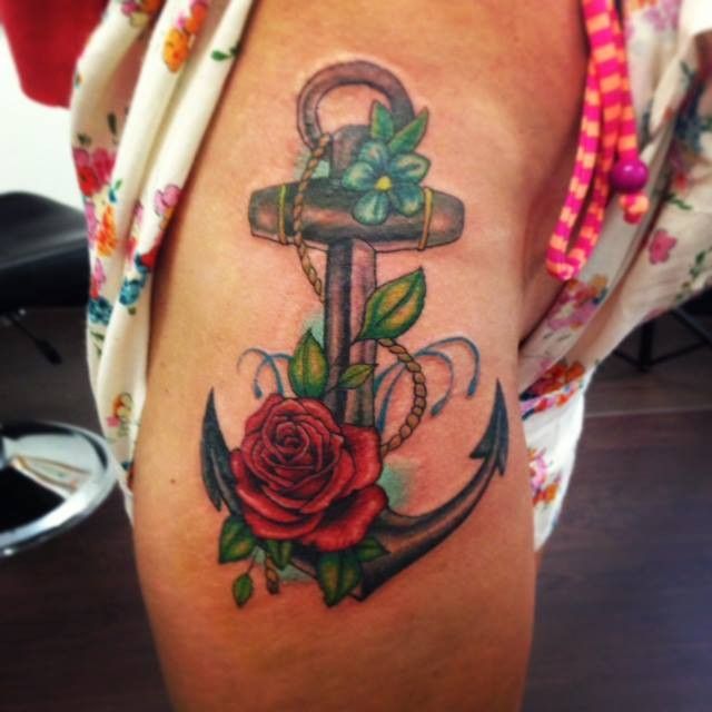 Watercolor tattoo - beautiful red rose & green leaf with anchor ...