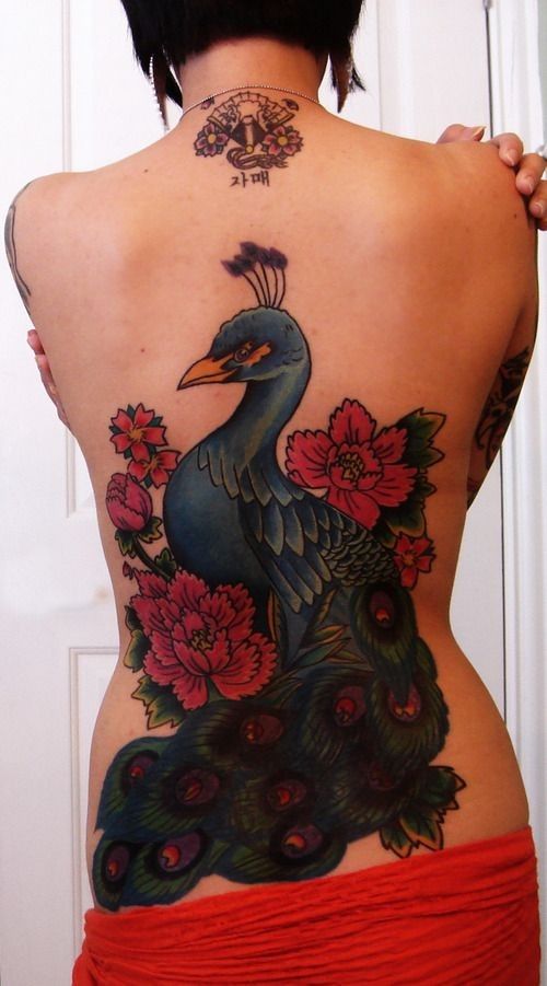 Watercolor tattoo - Splendid peony peacock watercolor tattoo on full