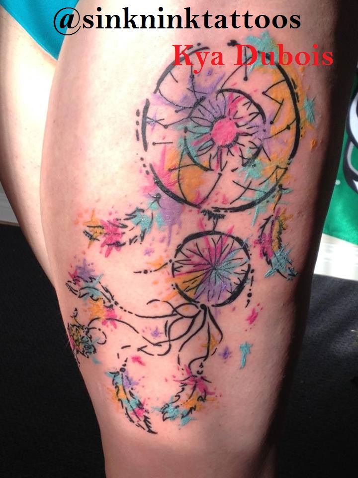 Women Tattoo - dream catcher tattoo, color tattoo, girly tattoos, thigh