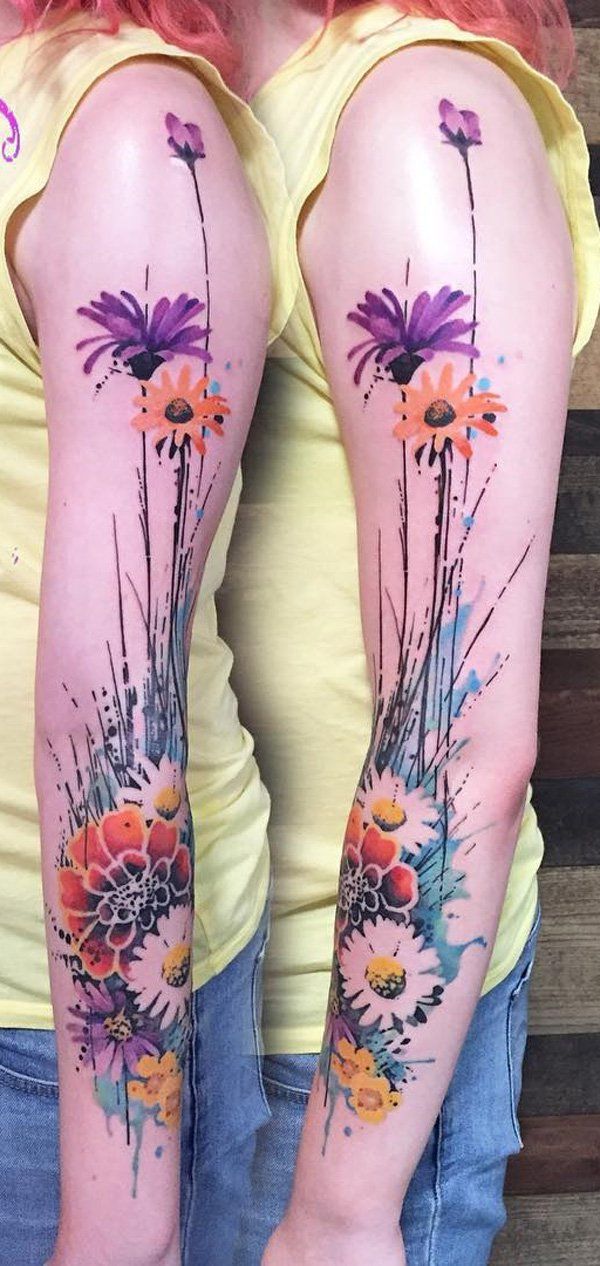 Geometric Tattoo - Watercolor flower sleeve tattoo ...