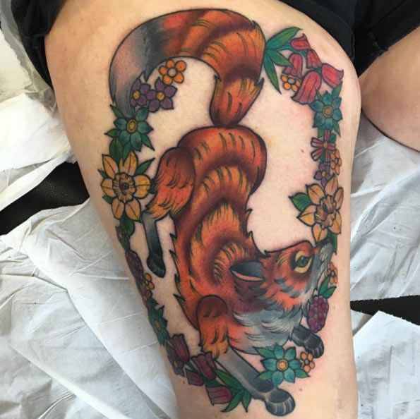 Animal Tattoo Designs - Floral fox tattoo on thigh by Alex Rowntree