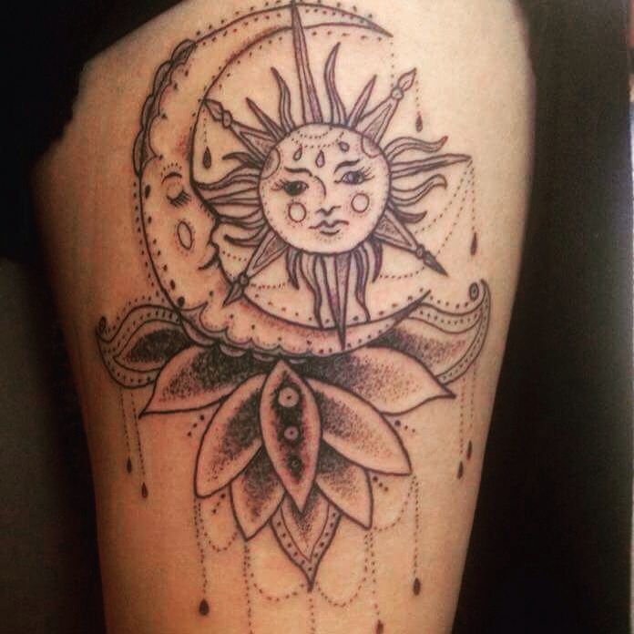 Friend Tattoos - Sun and Moon Thigh Tattoo... 