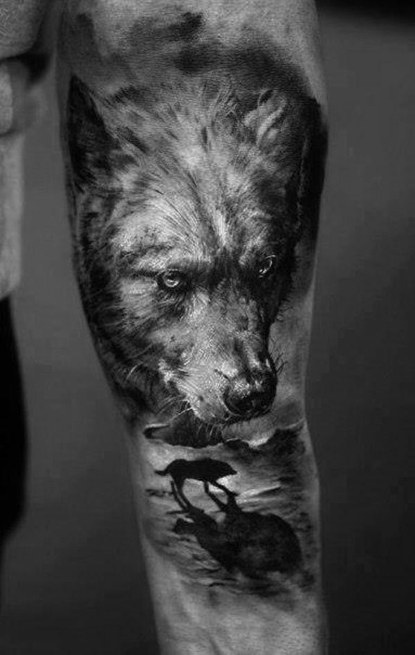 a tattoo of an evil wolf in the forest, portrait art, | Midjourney