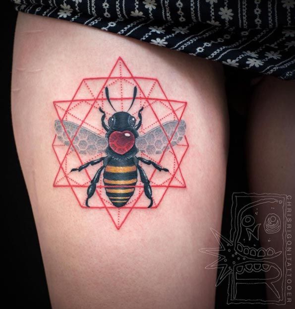 Animal Tattoo Designs Geometric bee tattoo on thigh by Chris Rigoni