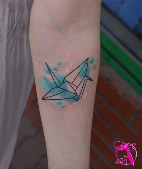 Animal Tattoo Designs - Teal watercolor crane by Dominika Czeczot