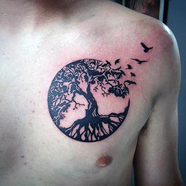Tattoo Trends - Mens Upper Chest Birds Flying Circle Tree Of Life