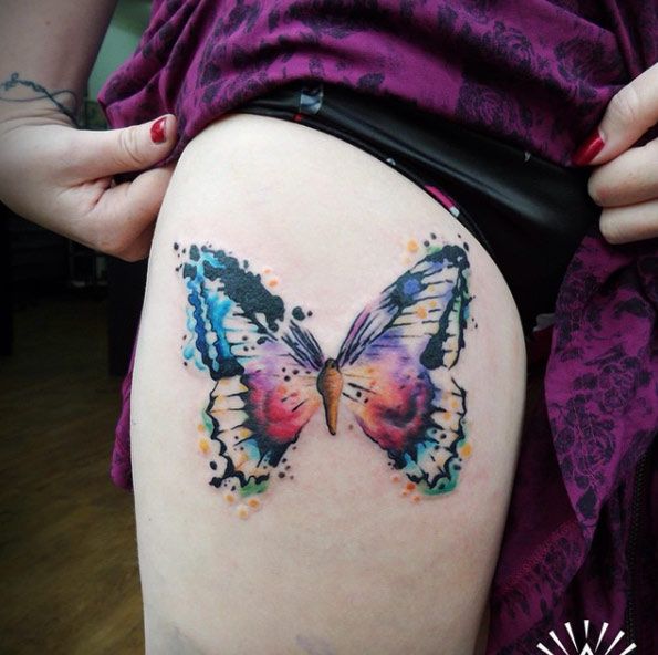 Animal Tattoo Designs - Watercolor butterfly tattoo on thigh by Cynthia ...