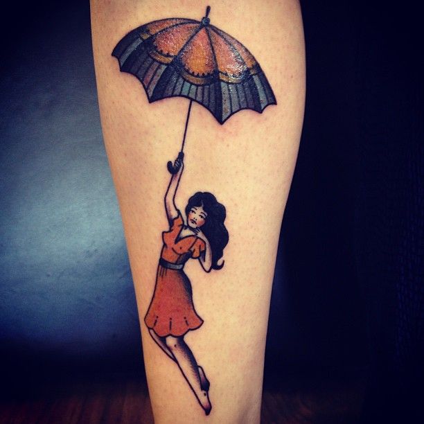 Old fashioned British nanny holding umbrella tattoo idea | TattoosAI