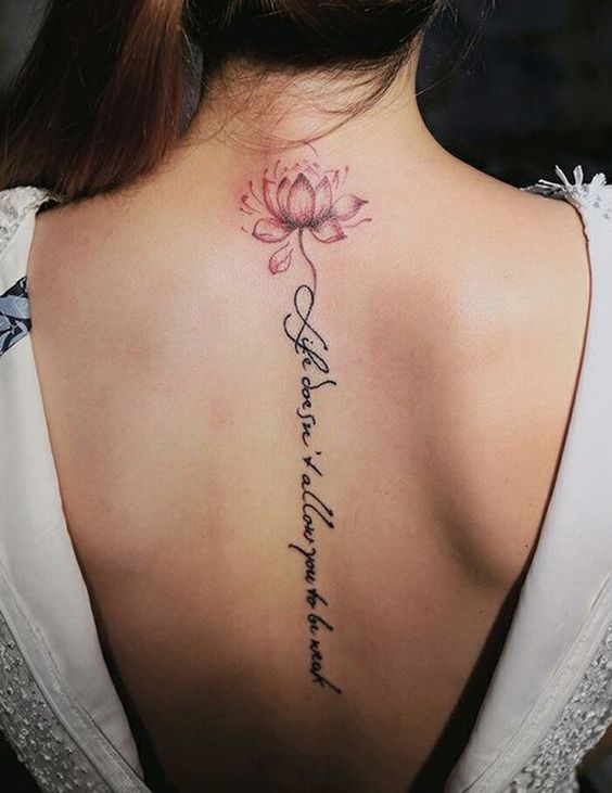 Tattoo Trends - Watercolor Lotus Flower Vertical Script Spine Tattoo