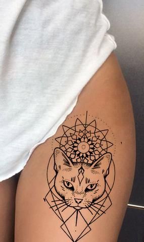Geometric Tattoo - Tribal Linework Outline Egyptian Cat Thigh Tattoo