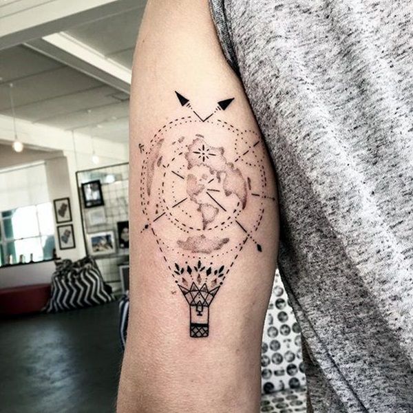 Traditional style hot air balloon and landscape tattoo - Tattoogrid.net