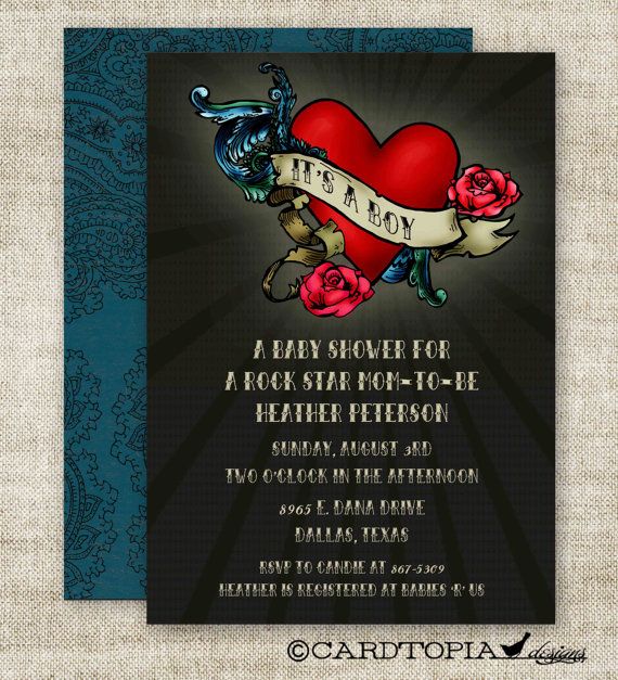 Friend Tattoos Boy Baby Shower Invitations Rock Star Mom Tattoo