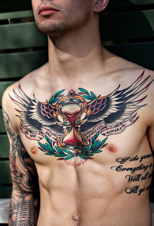 Realistic Chest Tattoo with Praying Hands and Wings